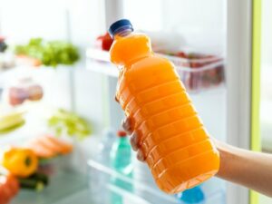 fresh orange juice stored in fridge