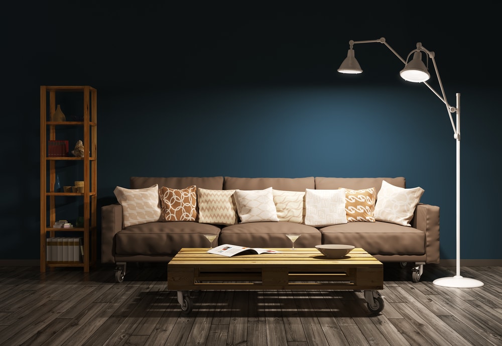 a living room with minimal lighting