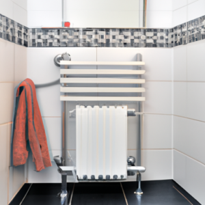 Bathroom heating device and a red towel