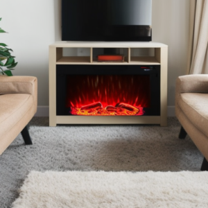 An electric fire is installed near the TV