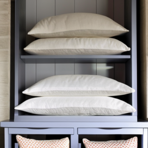 Pillows are stacked inside a cabinet